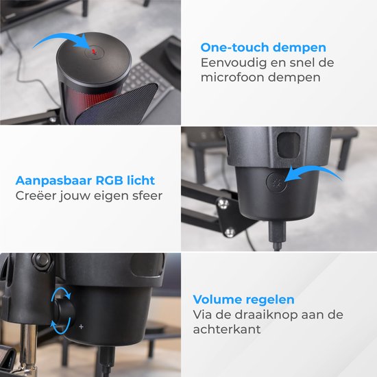 Nuvance - Microphone USB avec bras - pour PC et microphone de jeu - avec filtre anti-bruit - Convertisseur USB-C inclus - Microphone de streaming - RGB