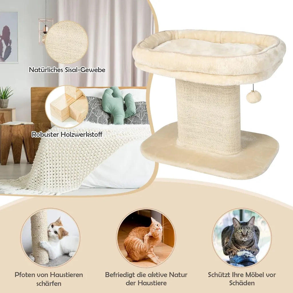 Coast Arbre à griffes moderne pour chat avec grand fauteuil en peluche et planche à griffes en sisal beige