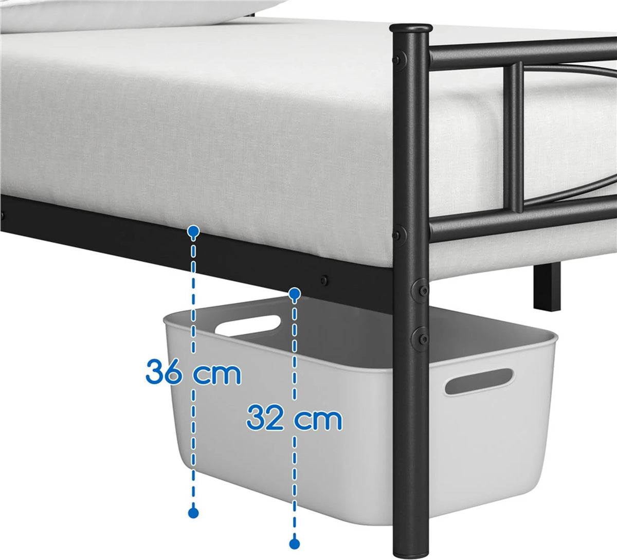 Cadre de lit en métal Yaheetech 90 x 200 cm - Noir - 204 kg - Avec tête et pied de lit - Espace de rangement sous le lit de 32 cm