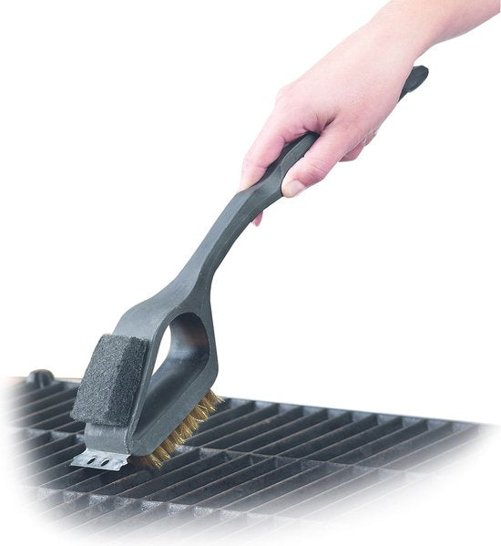 BBQ Collection Brosse de nettoyage pour barbecue - 3 en 1 - Brosse en acier - Éponge à récurer - Grattoir - 38 cm - Noir