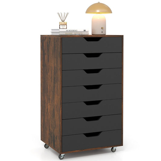 Commode en bois à roulettes Coast avec 7 tiroirs - 49 x 40 x 89 cm - Marron rustique/Noir