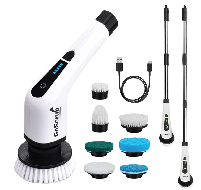 GoScrub® Cleaning King V1 - Brosse de nettoyage électrique - Brosse à récurer électrique - pour la salle de bain ou la cuisine - Brosse à récurer avec manche - 9 accessoires