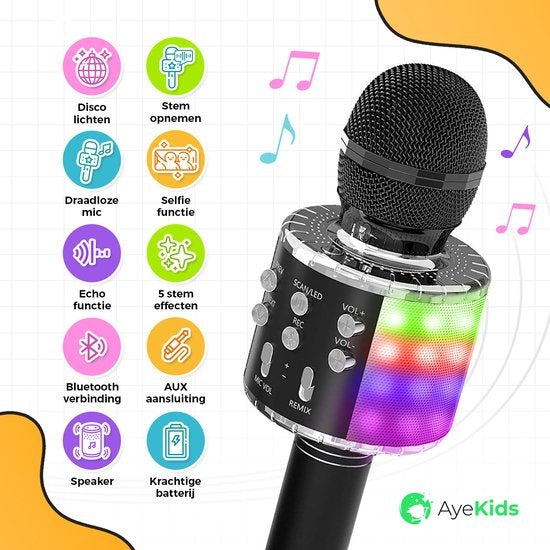 AyeKids 5-in-1 Karaoke Microphone - Sans fil & Bluetooth - Haut-parleur intégré & lumières Disco - Câble AUX inclus - Microphone Kids - Karaoke Set - Noir