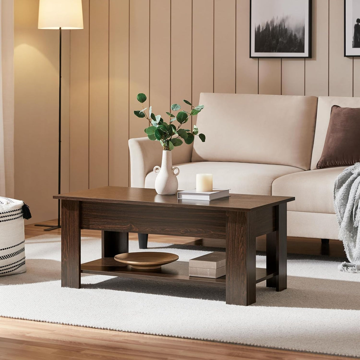 Table basse Yaheetech 98 x 50 x 41,8 cm - Marron - Réglable en hauteur - Plateau extensible - Avec espace de rangement