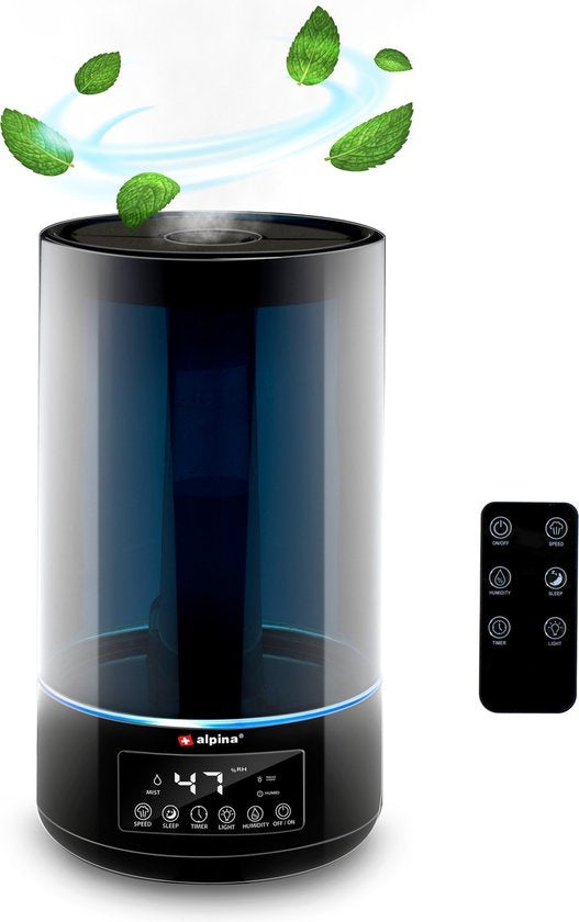 alpina Humidificateur 4.3L - Humidificateur - Diffuseur d'arômes avec minuterie - Télécommande - Noir