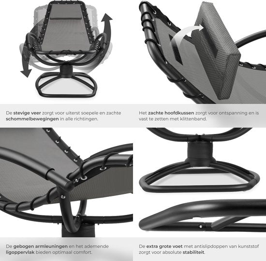 tectake® - Chaise longue Toulon - Fauteuil de jardin ergonomique avec fonction balançoire - Chaise longue réglable pour jardin, terrasse, balcon avec coussin pour la tête et accoudoirs confortables - Capacité de charge 120kg - Gris