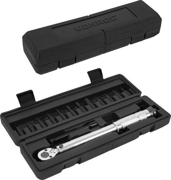 VONROC Clé dynamométrique ¼" - 265mm - 5-25Nm - Jeu d'embouts de 12 pièces (8 x Inbus, 4 x Torx) et rallonge de 100mm inclus - dans une mallette de rangement solide