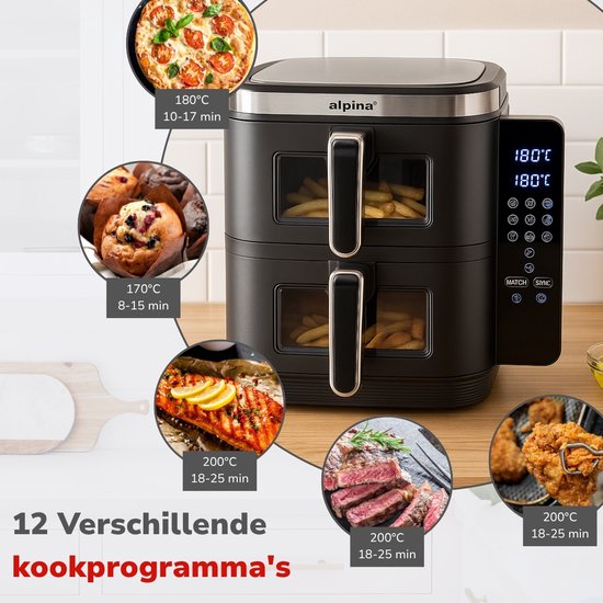 alpina Airfryer XXL - Double Friteuse 11L - Friteuse à air chaud 2 paniers - Doublement empilée pour 8 personnes - Ecran pliable - Fonction minuterie jusqu'à 60 minutes - Température 60-200°C - Noir