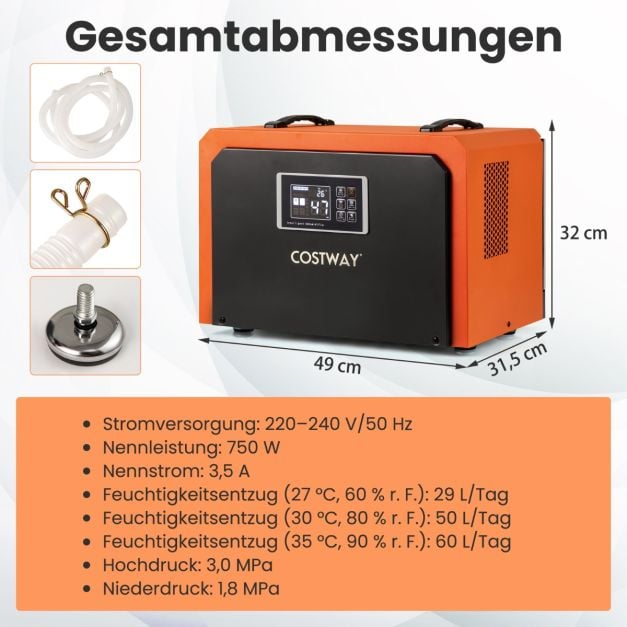 Coast Construction Dryer Orange - Déshumidificateur industriel 60L par jour avec tuyau d'évacuation et minuterie 24 heures - 49 x 31.5 x 32 cm