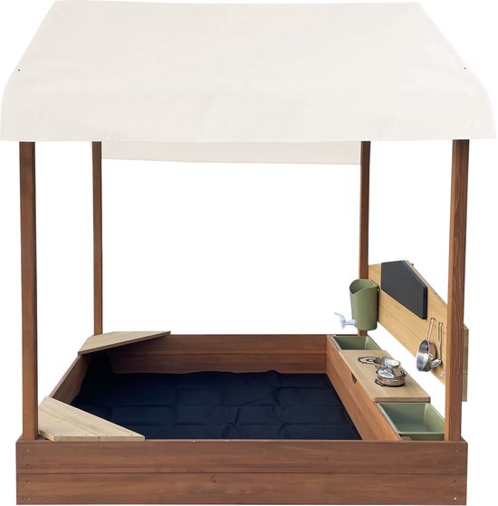 AXI Meli Bac à sable et maisonnette 120 x 120 cm avec cuisine jouet – Marron – Avec toit – Bois FSC – Avec tableau noir, réservoir d'eau et set de cuisine jouet 6 pièces – Avec 2 bancs - Toile de protection incluse – Garantie de 10 ans