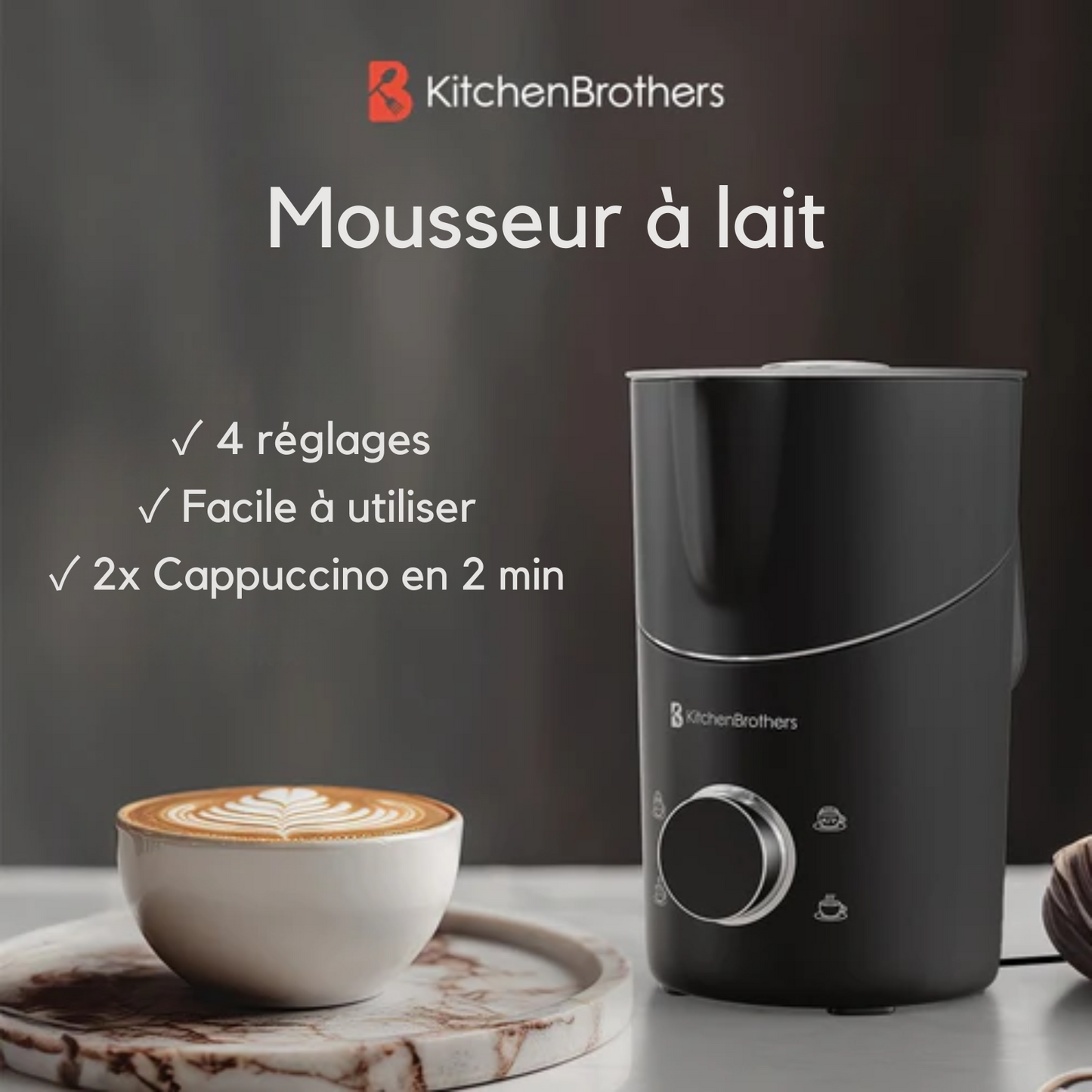 KitchenBrothers Mousseur à lait  électrique - 4 en 1 - 400 ML - Noir