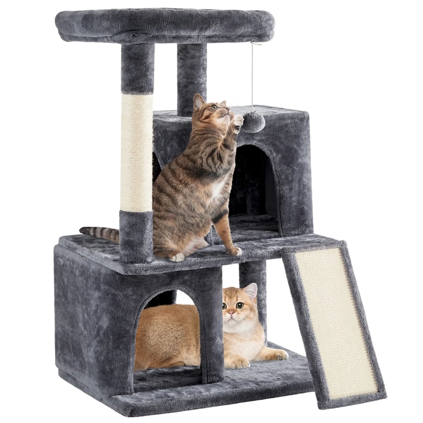 Yaheetech Cat Post With Two Cat Houses - Equipped With Viewing Platform And Scratching Board And Sisal Pole And Play Ball - For 1-2 Small To Medium Cats - Dark Grey Plush And Sisal - 60 x 45 x 106 cm