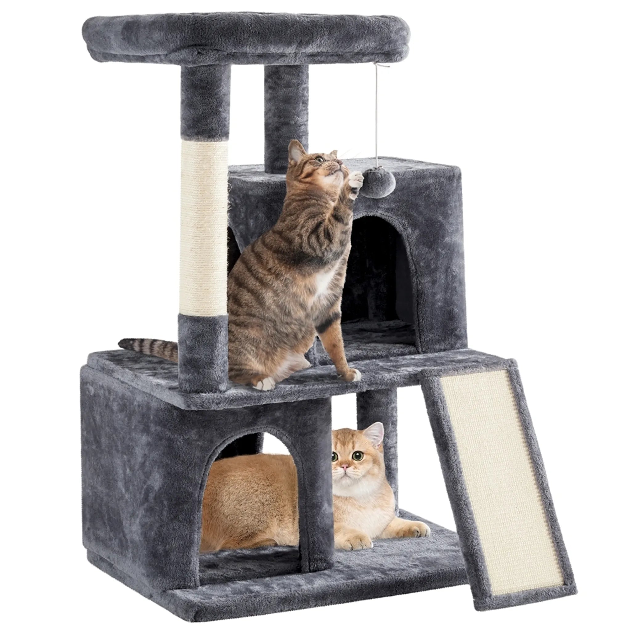Yaheetech Cat Post With Two Cat Houses - Equipped With Viewing Platform And Scratching Board And Sisal Pole And Play Ball - For 1-2 Small To Medium Cats - Dark Grey Plush And Sisal - 60 x 45 x 106 cm