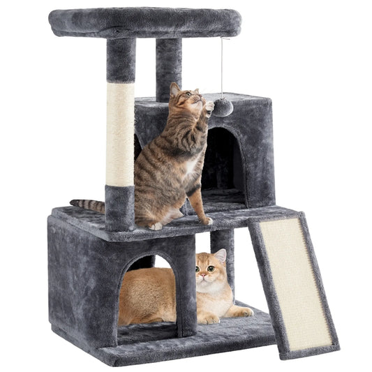 Yaheetech Cat Post With Two Cat Houses - Equipped With Viewing Platform And Scratching Board And Sisal Pole And Play Ball - For 1-2 Small To Medium Cats - Dark Grey Plush And Sisal - 60 x 45 x 106 cm