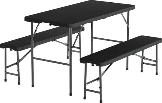 LifeGoods Set de pique-nique pliable - 124cm x 61.5cm - Table de jardin avec 2 bancs - Résistant aux intempéries - Table de camping - Table de bière pliable - Pour l'intérieur et l'extérieur - Pour 4 à 6 personnes - Noir
