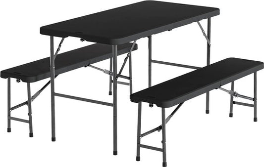 LifeGoods Set de pique-nique pliable - 124cm x 61.5cm - Table de jardin avec 2 bancs - Résistant aux intempéries - Table de camping - Table de bière pliable - Pour l'intérieur et l'extérieur - Pour 4 à 6 personnes - Noir