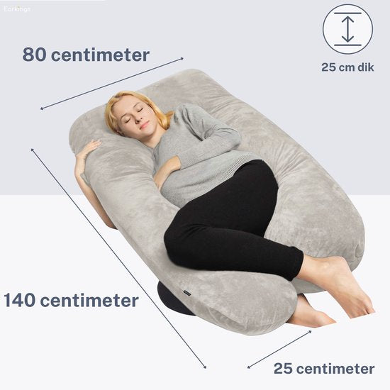 Earkings Pregnancy Sleep Pillow 140x80cm U-shape with Removable Cover - Body Pillow light grey