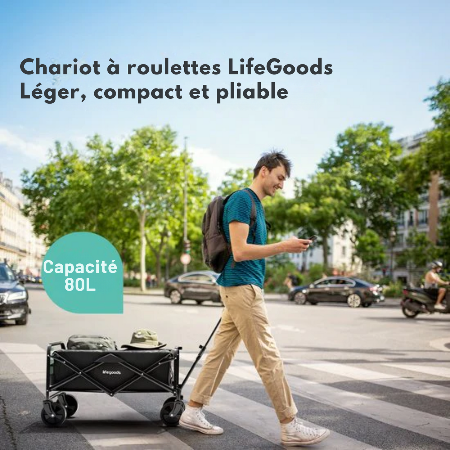 Chariot à roulettes LifeGoods - Compact - Polyester - 80 L/ 80 kg – Noir