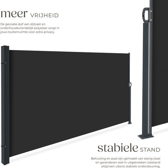 tectake® Pare-vent télescopique avec mécanisme d'enroulement - 300 x 160 cm - Auvent latéral avec armature en aluminium - Pare-soleil - Pare-vue de jardin - Pare-vue noir pour balcon - Pare-vue opaque - Toile de store