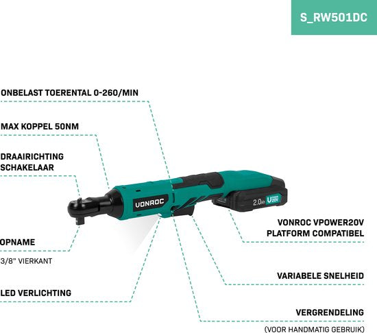 Clé à cliquet VONROC Accu - 20V - 50Nm - 3/8" - avec jeu de 8 douilles - batterie 2.0Ah et chargeur rapide inclus - également pour utilisation manuelle - idéal pour les boulons et écrous difficiles d'accès.