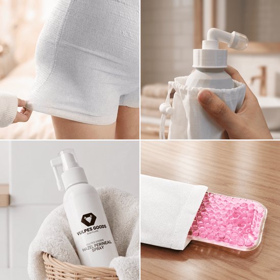 Vulpes Goods®BabyCare - Kit post-partum pour la récupération après l'accouchement - Biberon Peri, spray à l'hamamélis, protège-slips à l'hamamélis, sous-vêtements post-partum et coussinets rafraîchissants – Cadeau de naissance pour maman – Kit post-partum