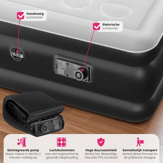 tectake® - Matelas gonflable AirDreams avec pompe électrique - Sac de transport avec cordon de serrage inclus - Résistant à l'eau - Chambre à coucher - Camping - Lit d'appoint - Dimensions (LxLxH) 200 x 148 x 44 cm