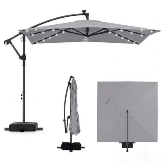 Parasol flottant Coast Grey - Parasol de jardin rotatif à 360° avec LED, pendule et sacs de sable - 250 x 250 x 240 cm