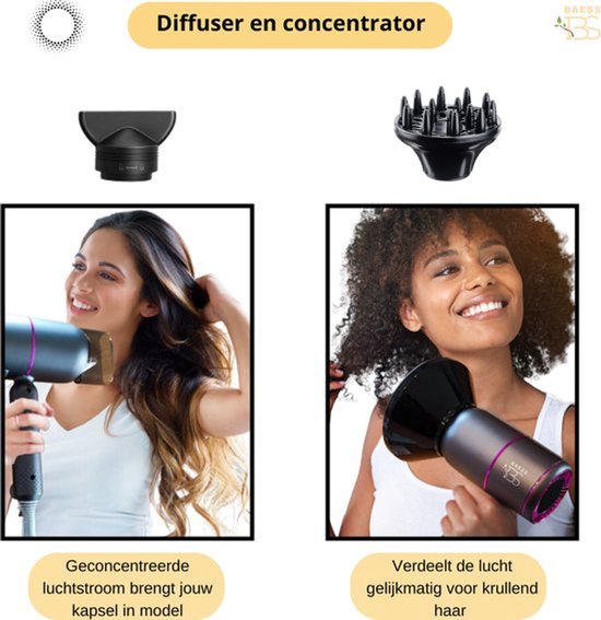 BAESS Sèche-cheveux avec diffuseur - Sèche-cheveux de voyage pliable - Sèche-cheveux ionique - 2000W - Coolshot - Boucles - Sèche-cheveux - Sèche-cheveux - Gris