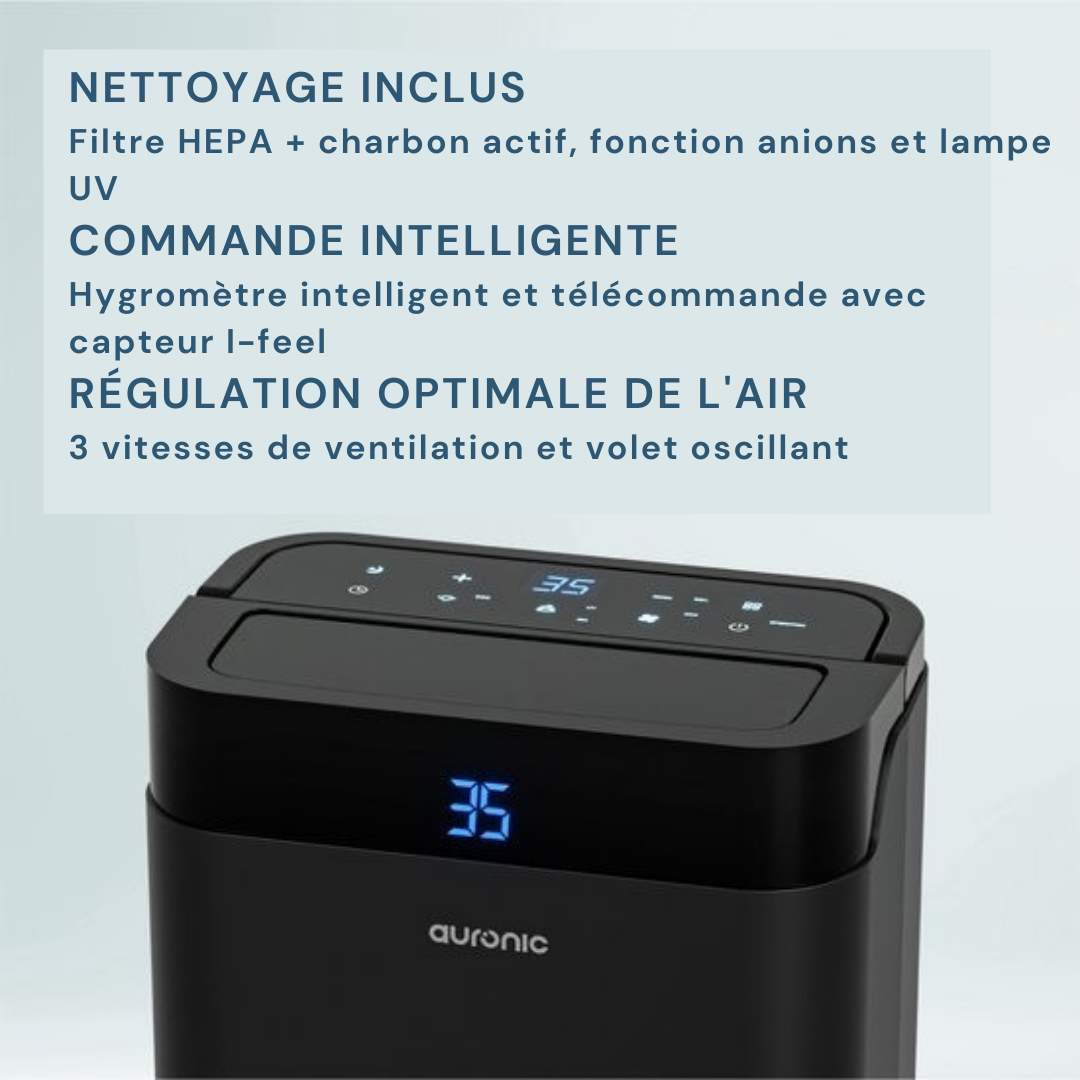 Déshumidificateur et purificateur d'air Auronic - Better Plus Series - Déshumidifie 20L par jour - Réservoir d'eau de 5L - Chambre à coucher, salle de bain, salon et bureau - Dévoreur d'humidité pour la maison - Noir