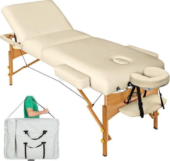 tectake® - Table de massage avec matelas de 10 cm + sac de transport table de traitement table de massage - beige - banc de traitement - avec sac de rangement - pliable