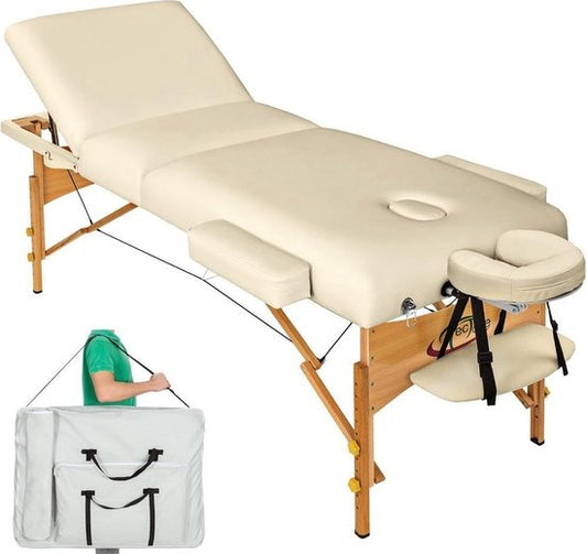 tectake® - Table de massage avec matelas de 10 cm + sac de transport table de traitement table de massage - beige - banc de traitement - avec sac de rangement - pliable