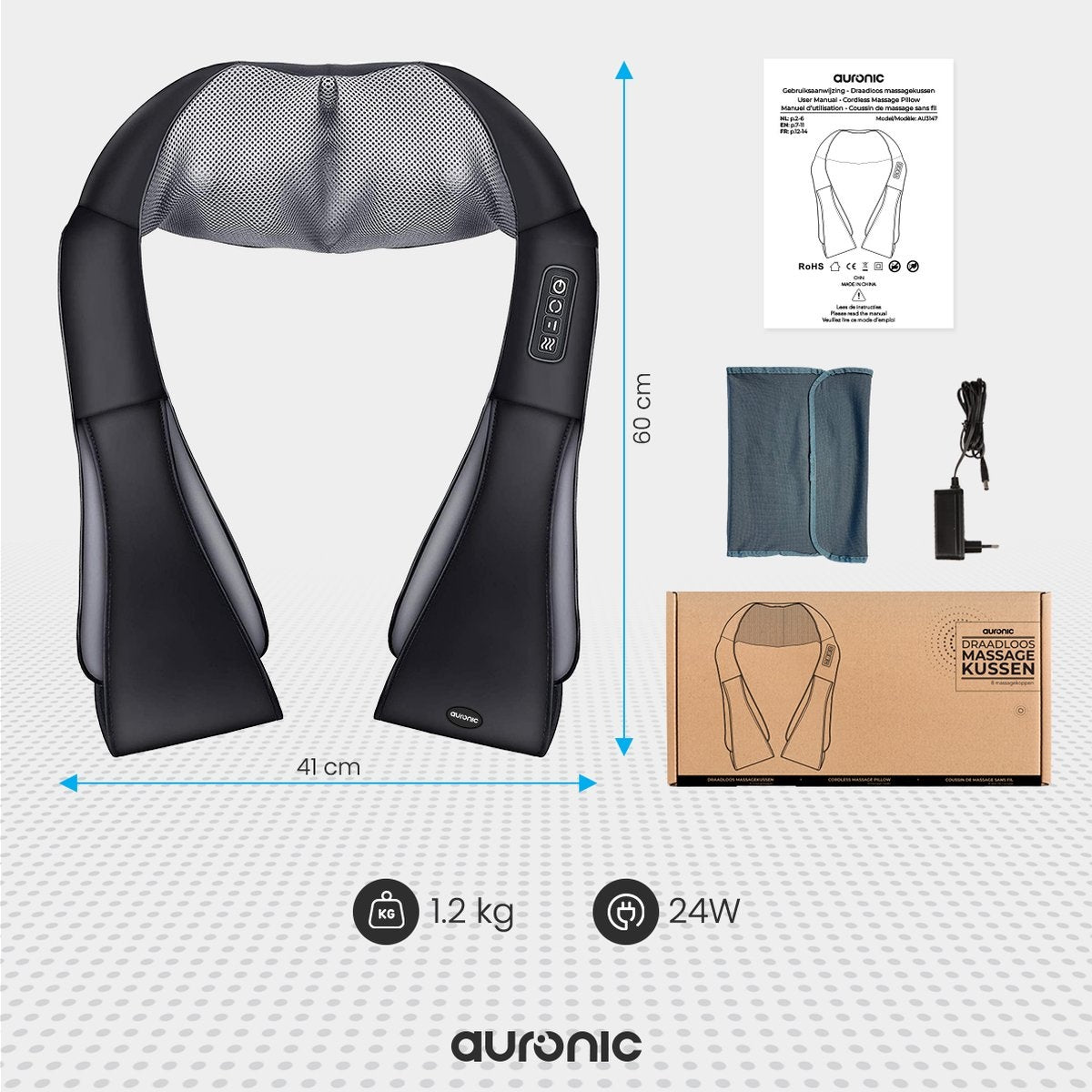 Coussin de massage Shiatsu, Auronic, Appareil de massage électrique, Infrarouge, Noir