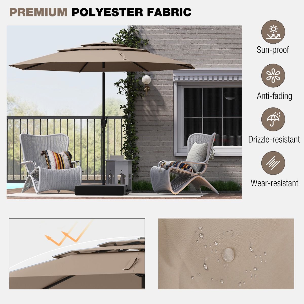 Parasol de table Coast Light Brown 300 cm - Parasol 3 couches avec mécanisme d'inclinaison et manivelle - Parasol de jardin avec 8 baleines et toile ventilée
