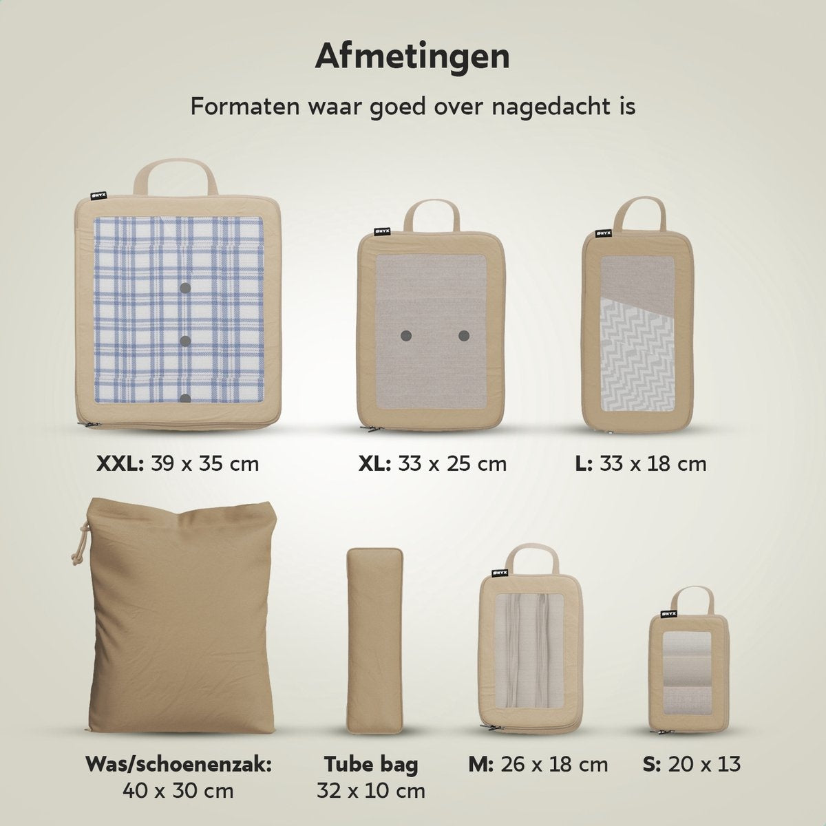 ONYX® Cubes de compression - 7 pièces - Organiseurs de bagages avec zip de compression - Pour valises et sacs - Beige