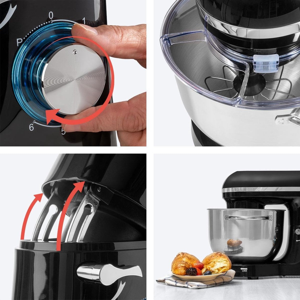 Robot Pâtissier 1400 W avec Bol 6 L en Inox – Noir | KitchenBrothers