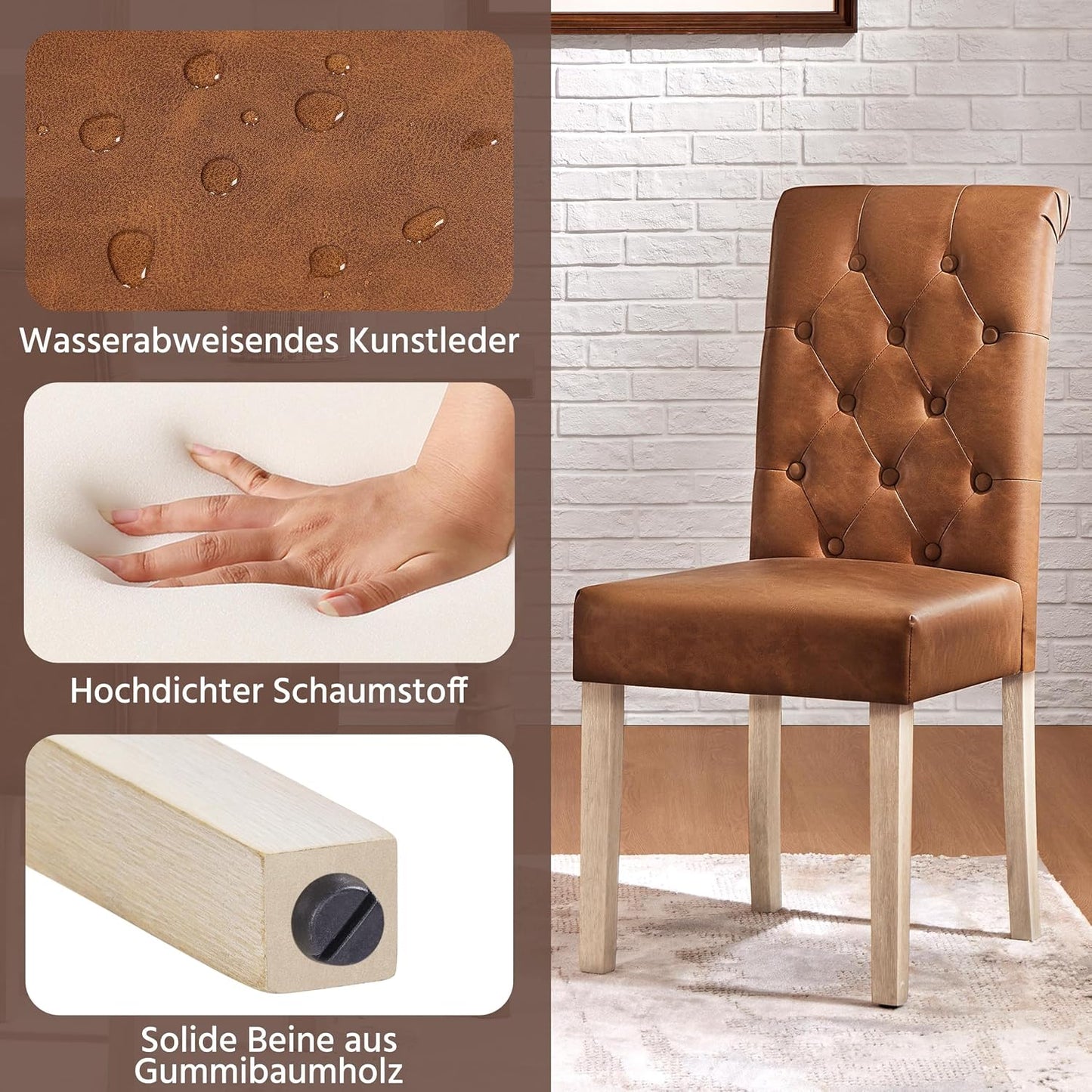 Yaheetech Lot de 2 chaises de salle à manger – Chaises de cuisine rembourrées à dossier haut – 62 x 45,5 x 98,5 cm – Marron