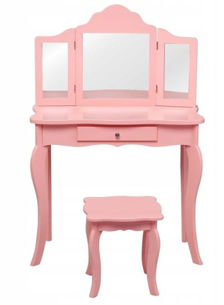 Coast - Coiffeuse/Bureau Kids 2-en-1 (avec tabouret) - Miroir triple, tiroir - 70 x 34 x 104 cm - MDF/Bois vert - Rose