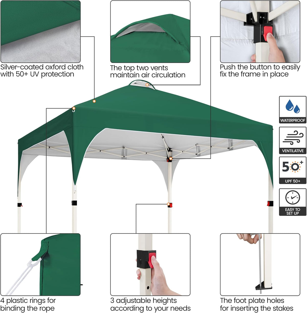 Pavillon pliable 3 × 3 m, pavillon de jardin pop-up, réglable en hauteur, avec ventilation et sac de transport, vert foncé