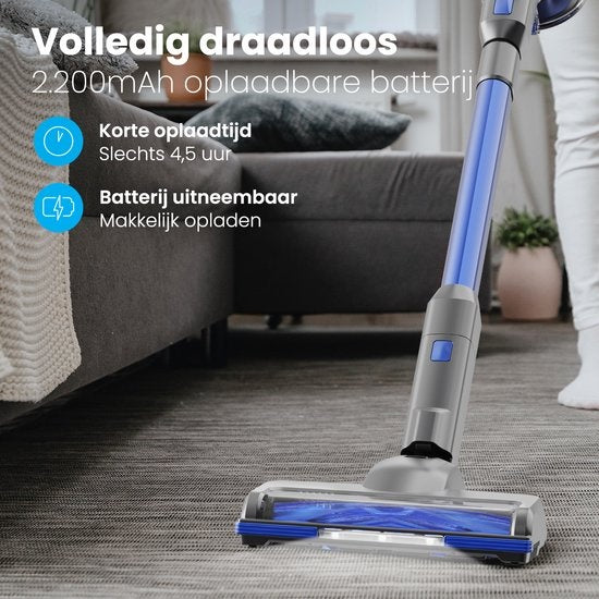 Aspirateur Balai - Auronic - Sans fil - Sans sac -Double batterie - Filtre HEPA lavable - 220 W - Gris/Bleu