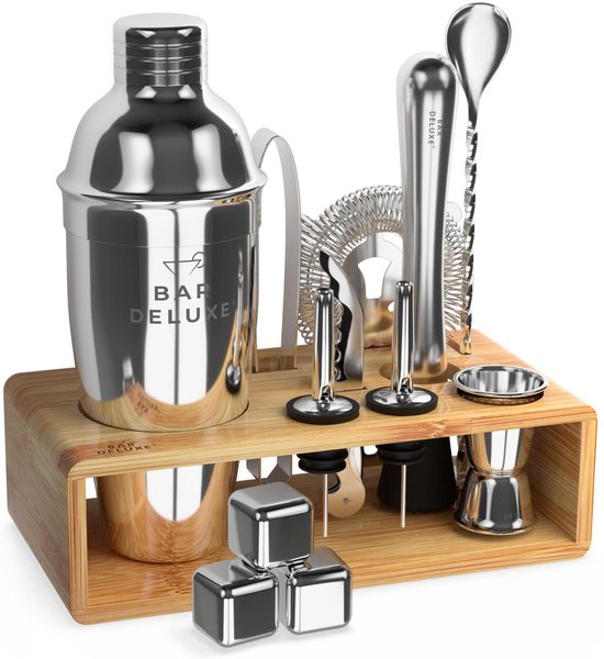 BarDeluxe® Cocktail Set - 13-Piece - Cocktail Shaker 750 ml with Bamboo Stand, Recipe Book & Whiskey Stones - Luxury Gift Package