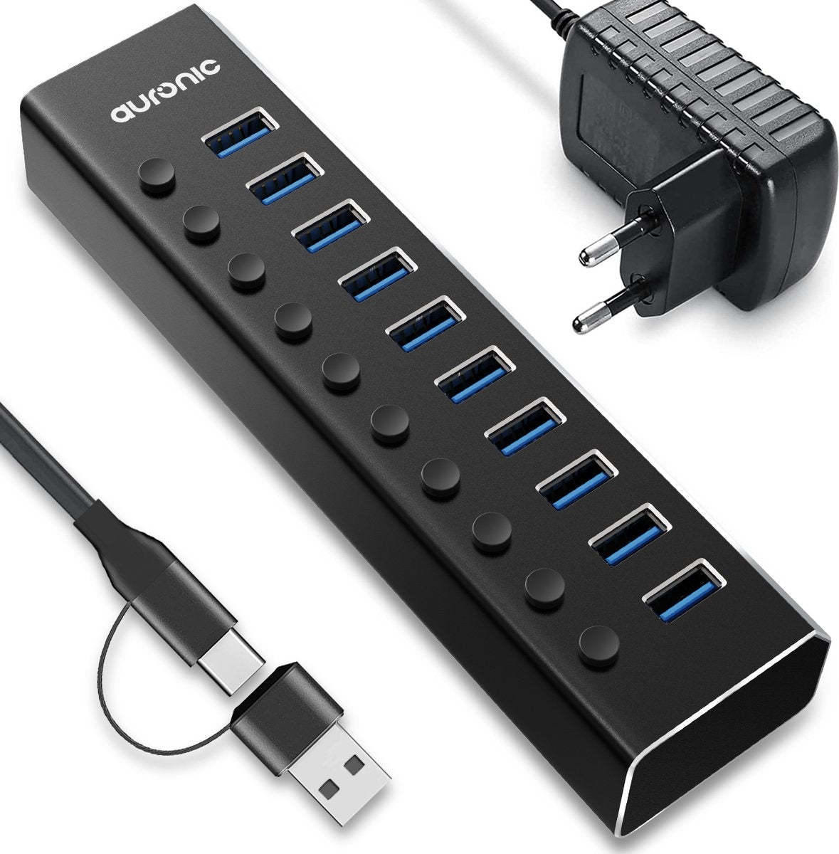 Auronic USB Hub 3.0 - Répartiteur USB avec 10 ports - avec alimentation - 5 GBP - Indication Led - Noir