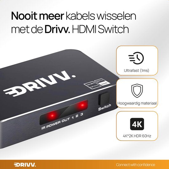 Drivv. Commutateur HDMI 4K 60Hz - 3 entrées 1 sortie - Télécommande incluse - Commutation automatique - 780/1080p/4K - Noir