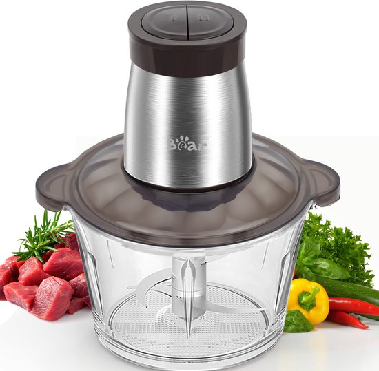 Bear QSJ-D03W5 - Hachoir électrique 2 L, mini-hachoir, fonction pulse à une main, 2 600 tr/min, 2 vitesses, hachoir avec 4 lames en acier inoxydable, hachoir à viande, préparation des repas pour bébés, légumes