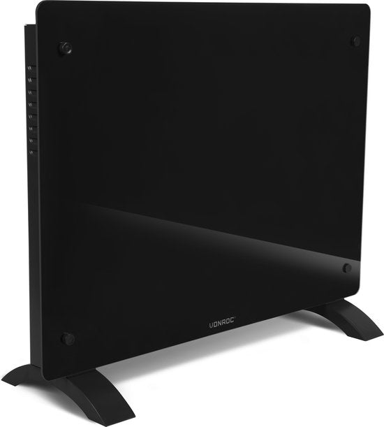 Chauffage électrique - VONROC  - Convecteur avec panneau en verre - 750W/1500W - Chauffe les pièces jusqu'à 18m2 - Contrôlé par l'application (via Wifi) et manuellement - Thermostat et minuterie réglables - Noir