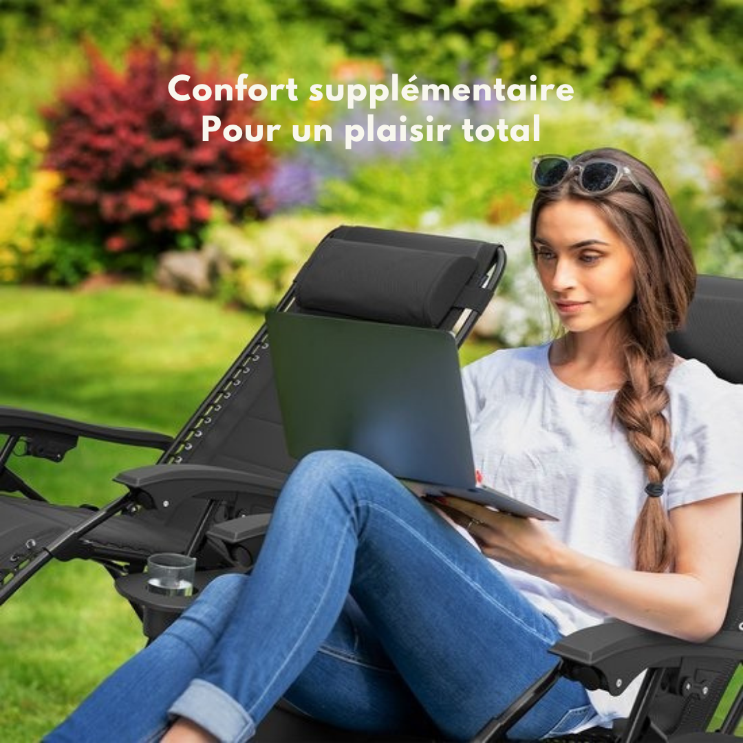 LifeGoods - Lot de 2 chaises longues - 30°-90° réglable - 150 kg max - Support pour gobelets et téléphone - Noir