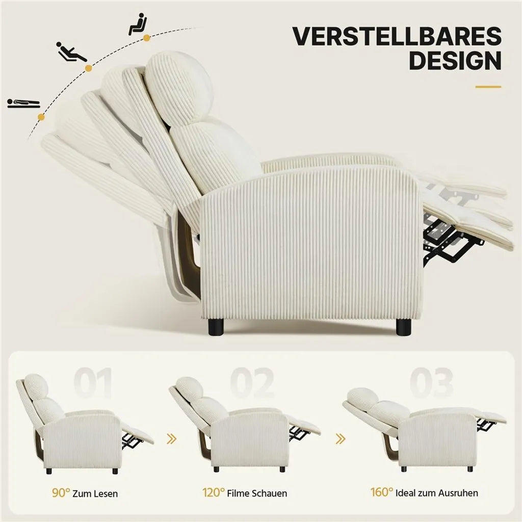 Fauteuil de détente Yaheetech en tissu cordé avec repose-pieds réglable - Beige - 61,5 x 87 x 99 cm - Poids max. : 120 kg