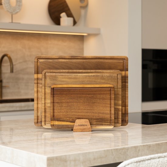 Deleca 3-Piece Cutting Board Set Seville with Holder - Planches à découper (40x30 | 33x24 | 26x18 cm) - Pour la cuisine, planche à servir, planche à fromage, planche à boire, planche à découper et planche à tapas - Bois d'acacia FSC