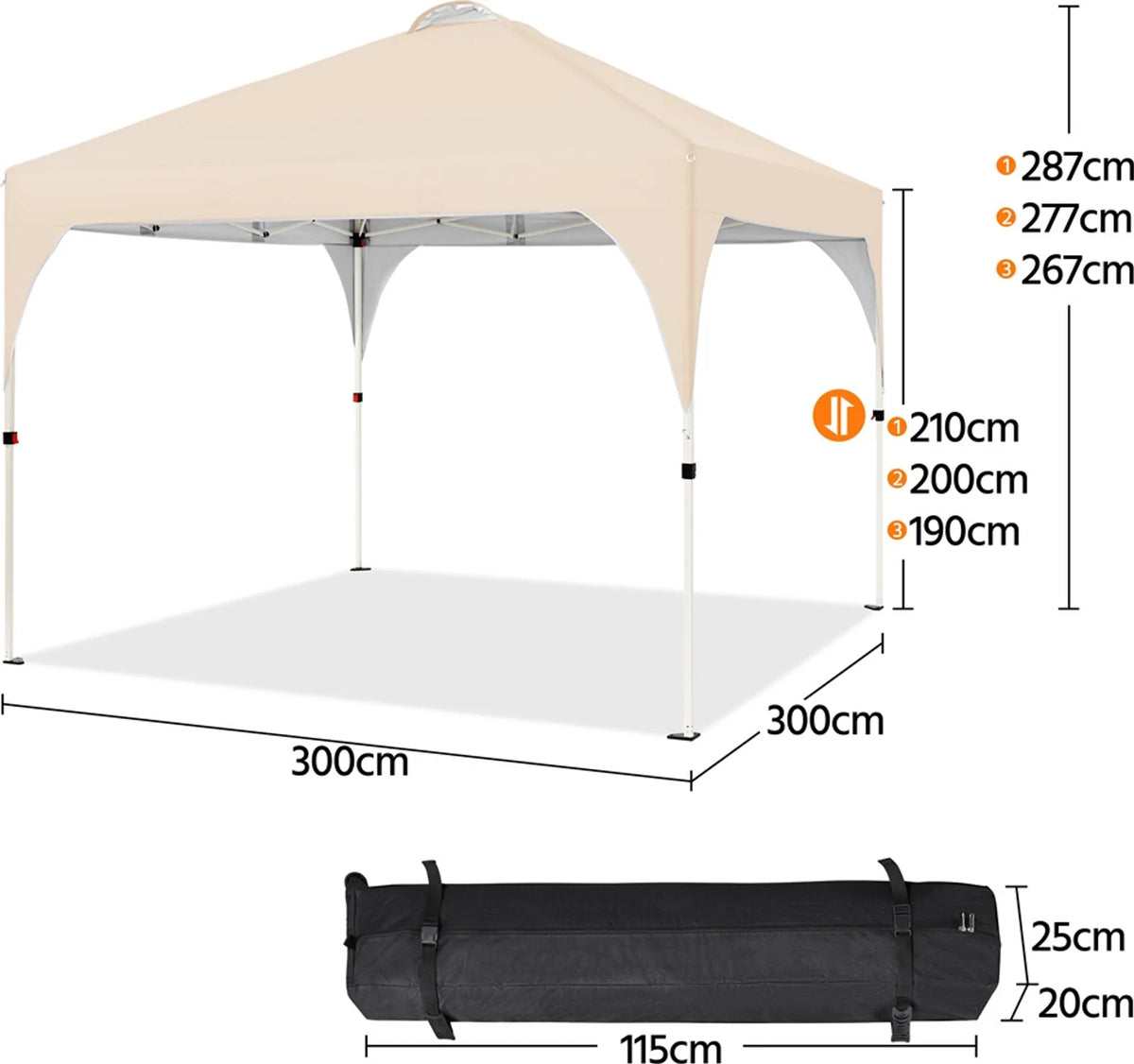 Pavillon pop-up Yaheetech 3 × 3 m, hauteur réglable, avec sac à roulettes, sacs de sable et piquets, beige