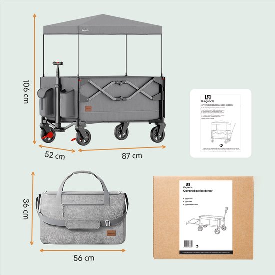 LifeGoods Wagon - pliable - transport d'enfants - avec toit - capacité de charge de 80 kg - chariot de plage - roues pivotantes - gris