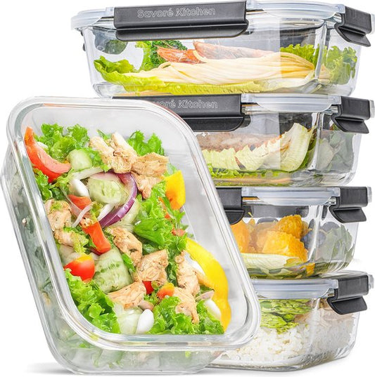 Savoré Kitchen Preserving Trays Set - with Steam Lid - Meal Prep Trays - Freezer Trays Glass - Airtight - 5 Pieces - 1040 ML